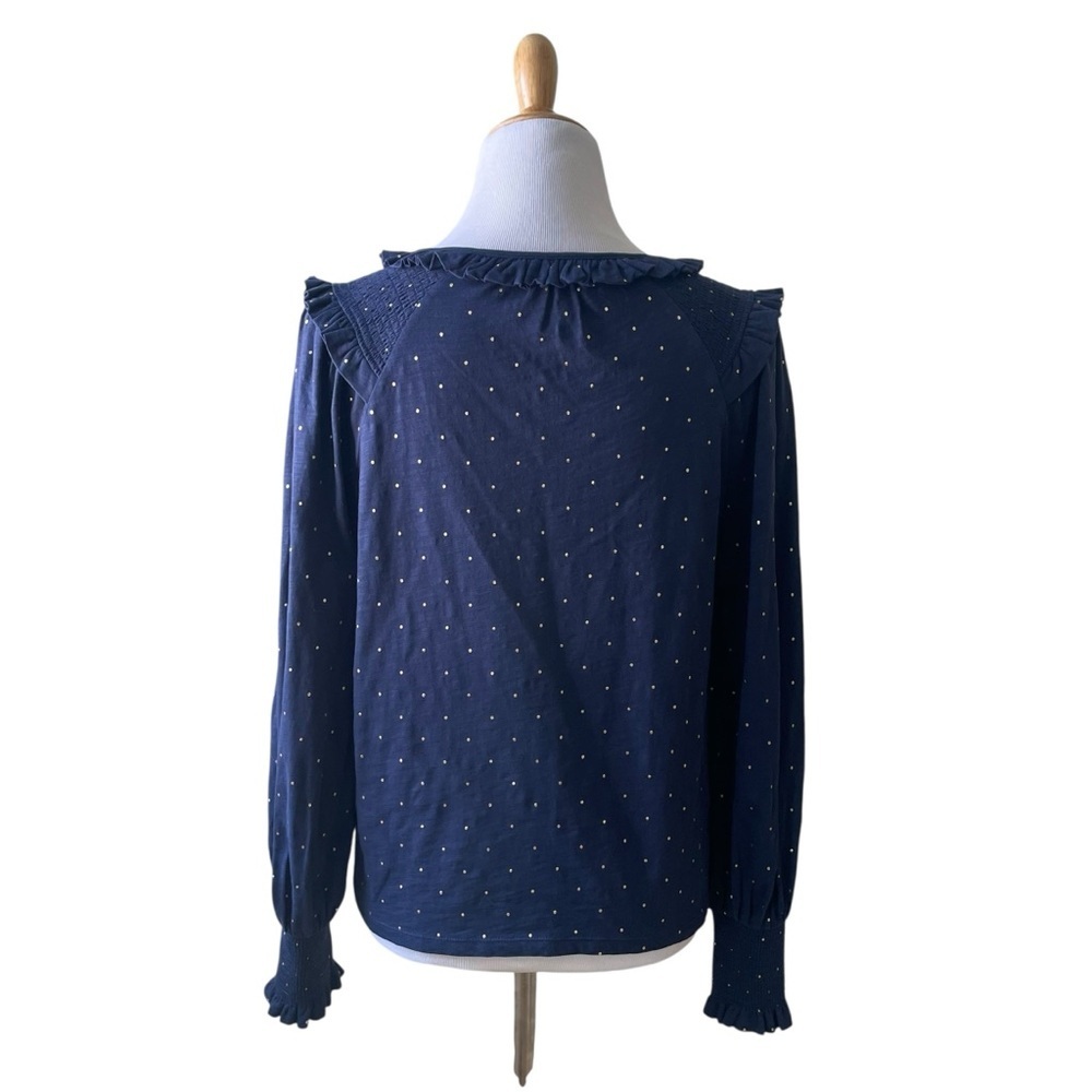Boden Notch Neck Smocked Frill Top Cotton Blouse in Navy Gold Dot Size 6 T1034 - Picture 5 of 11